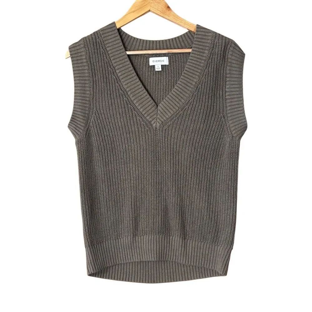 Evereve knit v-neck sweater vest olive green cotton blend size small